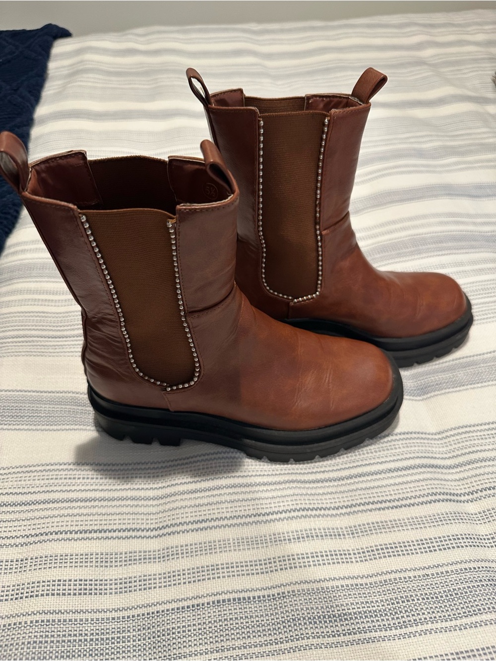 Kids Leather Brown Pull-On Chelsea Boots with Stud Trim